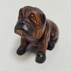 Carved Wood Bulldog Figurine Sculpture Signed Jalin 5" Sitting Dog Statue